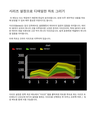 시리즈 설정으로 디테일한 차트 그리기 
 이 메뉴는 다소 복잡하기 때문에 유심히 보아야합니다. 반면 아주 세부적인 내용을 차트
에 반영할 수 있어 매우 중요한 부분이기도 합니다. 
시리즈(Series)는 앞선 강좌에서도 설명했듯이 데이터의 일련의 집합을 의미합니다. 데이
터 10개가 모여서 하나의 선을 이루었다면 그것은 한개의 시리즈이며, 막대 10개가 모여
한 데이터 셋을 이룬다면 그것 역시 하나의 시리즈입니다. 쉽게 표현하면 엑셀에서 하나의
열 집합을 의미합니다. 
아래 차트는 3개의 시리즈로 이루어져 있습니다. 
시리즈 설정은 왼쪽 섹션 메뉴에서 "시리즈" 탭을 클릭하면 차트를 루트로 하는 시리즈 트
리메뉴가 나오는데 여기서 설정을 원하는 시리즈를 선택하신 후 마우스 오른쪽 버튼 /  속
성 메뉴를 통해 사용 가능합니다. 
 