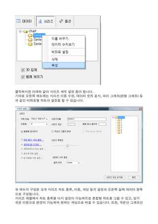 클릭하시면 아래와 같이 시리즈 세부 설정 창이 뜹니다. 
기타로 오른쪽 메뉴에는 시리즈 이름 수정, 데이터 숫자 표시, 파이 그래프(원형 그래프) 등
과 같인 비좌표형 차트의 설정을 할 수 있습니다. 
위 메뉴의 구성은 크게 시리즈 차트 종류, 이름, 색상 등의 설정과 오른쪽 실제 데이터 항목
으로 구성됩니다.
시리즈 레벨에서 차트 종류를 다시 설정이 가능하므로 혼합형 차트를 그릴 수 있고, 알기
쉬운 이름으로 변경이 가능하며 원하는 색상으로 바꿀 수 있습니다. 또한, 꺽은선 그래프인
 