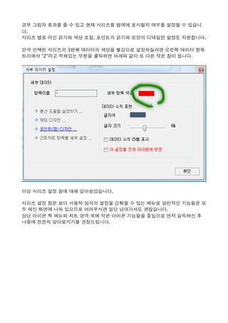 경우 그림자 효과를 줄 수 있고 현재 시리즈를 범례에 표시할지 여부를 설정할 수 있습니
다. 
시리즈 별로 라인 굵기와 색상 조절, 포인트의 굵기와 모양의 디테일한 설정도 지원합니다.  
만약 선택한 시리즈의 3번째 데이터의 색상을 빨강으로 설정하실려면 오른쪽 데이터 항목
트리에서 "2"라고 적혀있는 부분을 클릭하면 아래와 같이 또 다른 작은 창이 뜹니다. 
이상 시리즈 설정 창에 대해 알아보았습니다. 
시리즈 설정 창은 보다 사용자 임의의 설정을 강화할 수 있는 메뉴로 일반적인 기능들은 모
두 메인 화면에 나와 있으므로 어려우시면 일단 넘어가셔도 괜찮습니다. 
상단 아이콘 퀵 메뉴와 차트 영역 위에 작은 아이콘 기능들을 중심으로 먼저 습득하신 후
나중에 천천히 알아보시기를 권장드립니다. 
 