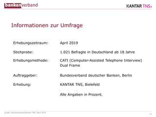 Quelle: Bankenverband/Kantar TNS; April 2019
Informationen zur Umfrage
29
Erhebungszeitraum: April 2019
Stichprobe: 1.021 ...