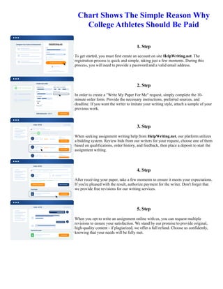 Chart Shows The Simple Reason Why
College Athletes Should Be Paid
1. Step
To get started, you must first create an account on site HelpWriting.net. The
registration process is quick and simple, taking just a few moments. During this
process, you will need to provide a password and a valid email address.
2. Step
In order to create a "Write My Paper For Me" request, simply complete the 10-
minute order form. Provide the necessary instructions, preferred sources, and
deadline. If you want the writer to imitate your writing style, attach a sample of your
previous work.
3. Step
When seeking assignment writing help from HelpWriting.net, our platform utilizes
a bidding system. Review bids from our writers for your request, choose one of them
based on qualifications, order history, and feedback, then place a deposit to start the
assignment writing.
4. Step
After receiving your paper, take a few moments to ensure it meets your expectations.
If you're pleased with the result, authorize payment for the writer. Don't forget that
we provide free revisions for our writing services.
5. Step
When you opt to write an assignment online with us, you can request multiple
revisions to ensure your satisfaction. We stand by our promise to provide original,
high-quality content - if plagiarized, we offer a full refund. Choose us confidently,
knowing that your needs will be fully met.
Chart Shows The Simple Reason Why College Athletes Should Be Paid Chart Shows The Simple Reason Why College
Athletes Should Be Paid
 