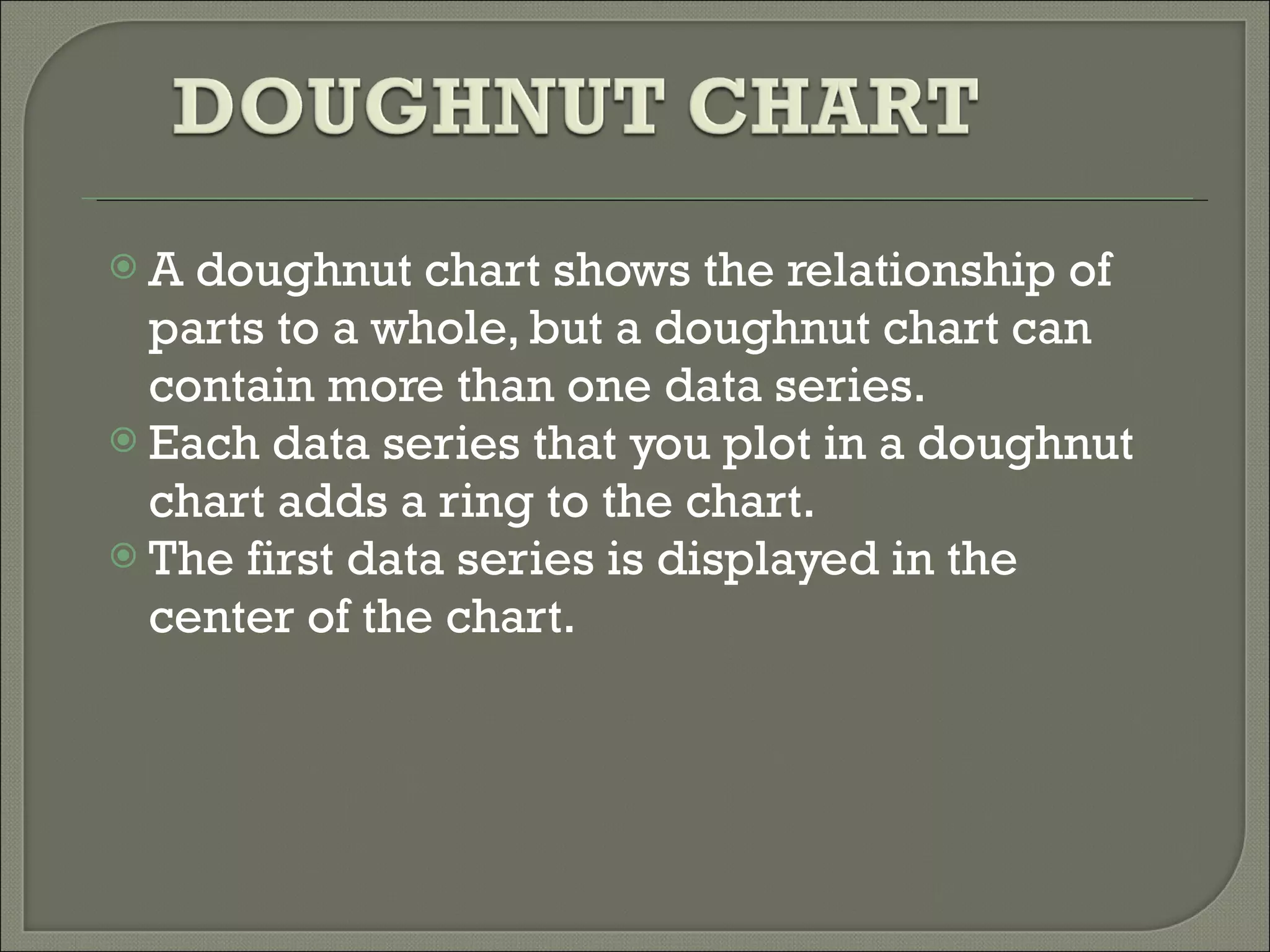 A doughnut chart shows the relationship of parts to a whole, but a doughnut chart can contain more than one data series.  Each data series that you plot in a doughnut chart adds a ring to the chart. The first data series is displayed in the center of the chart.  