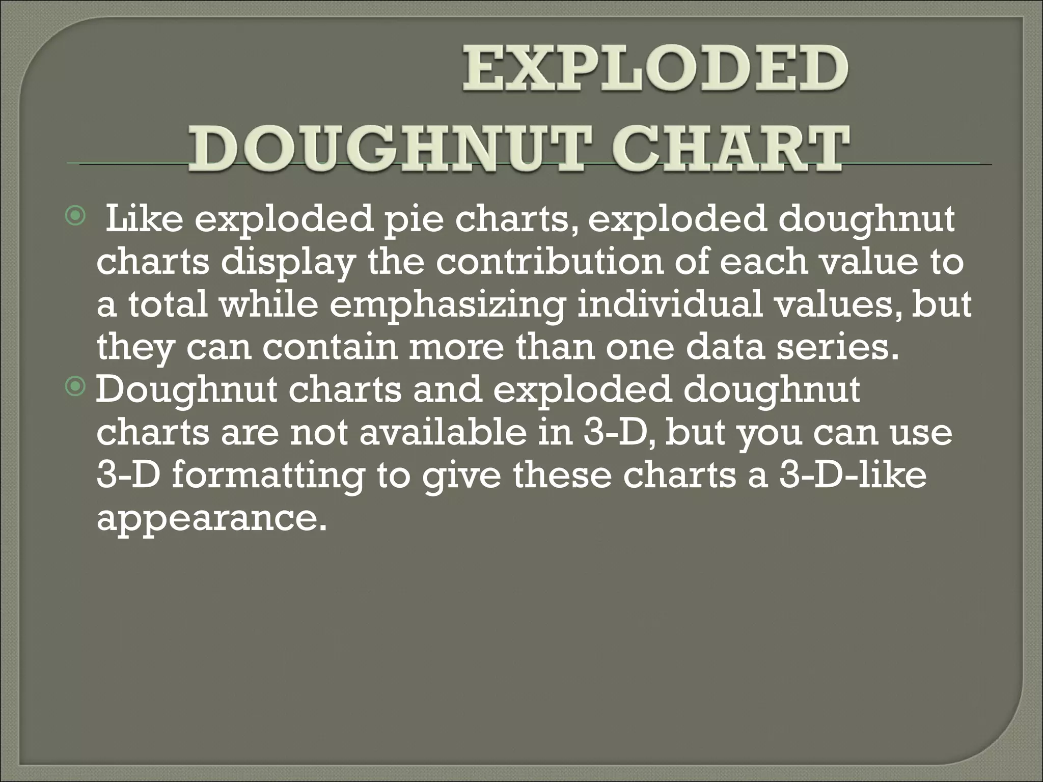   Like exploded pie charts, exploded doughnut charts display the contribution of each value to a total while emphasizing individual values, but they can contain more than one data series.  Doughnut charts and exploded doughnut charts are not available in 3-D, but you can use 3-D formatting to give these charts a 3-D-like appearance.  