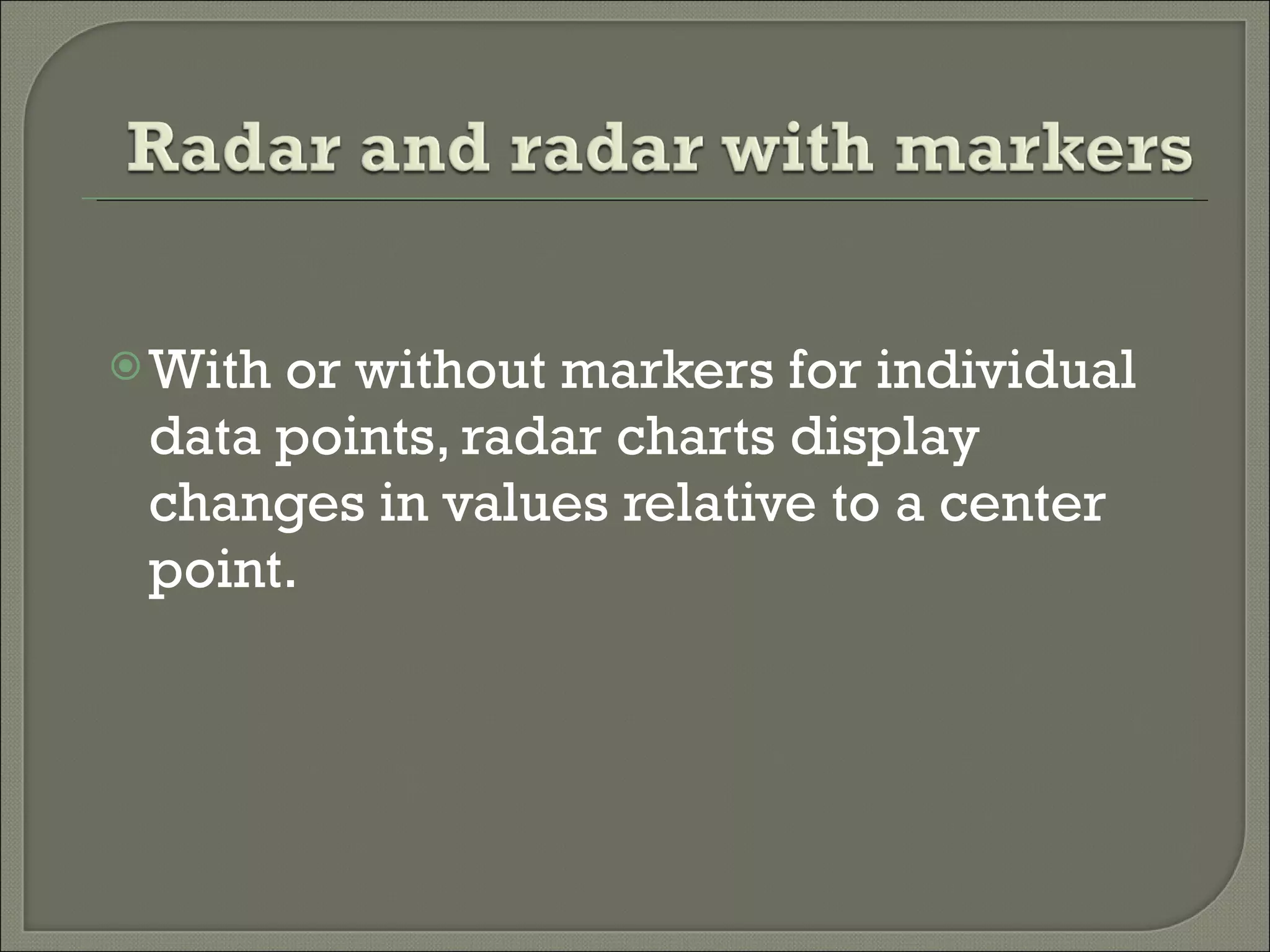 With or without markers for individual data points, radar charts display changes in values relative to a center point.  