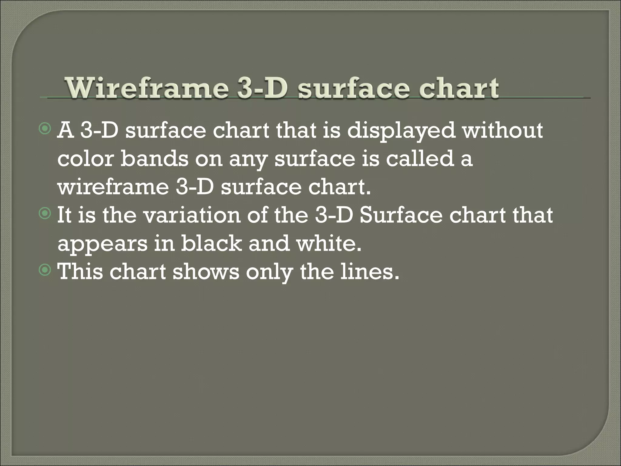 A 3-D surface chart that is displayed without color bands on any surface is called a wireframe 3-D surface chart.  It is the variation of the 3-D Surface chart that appears in black and white.  This chart shows only the lines. 