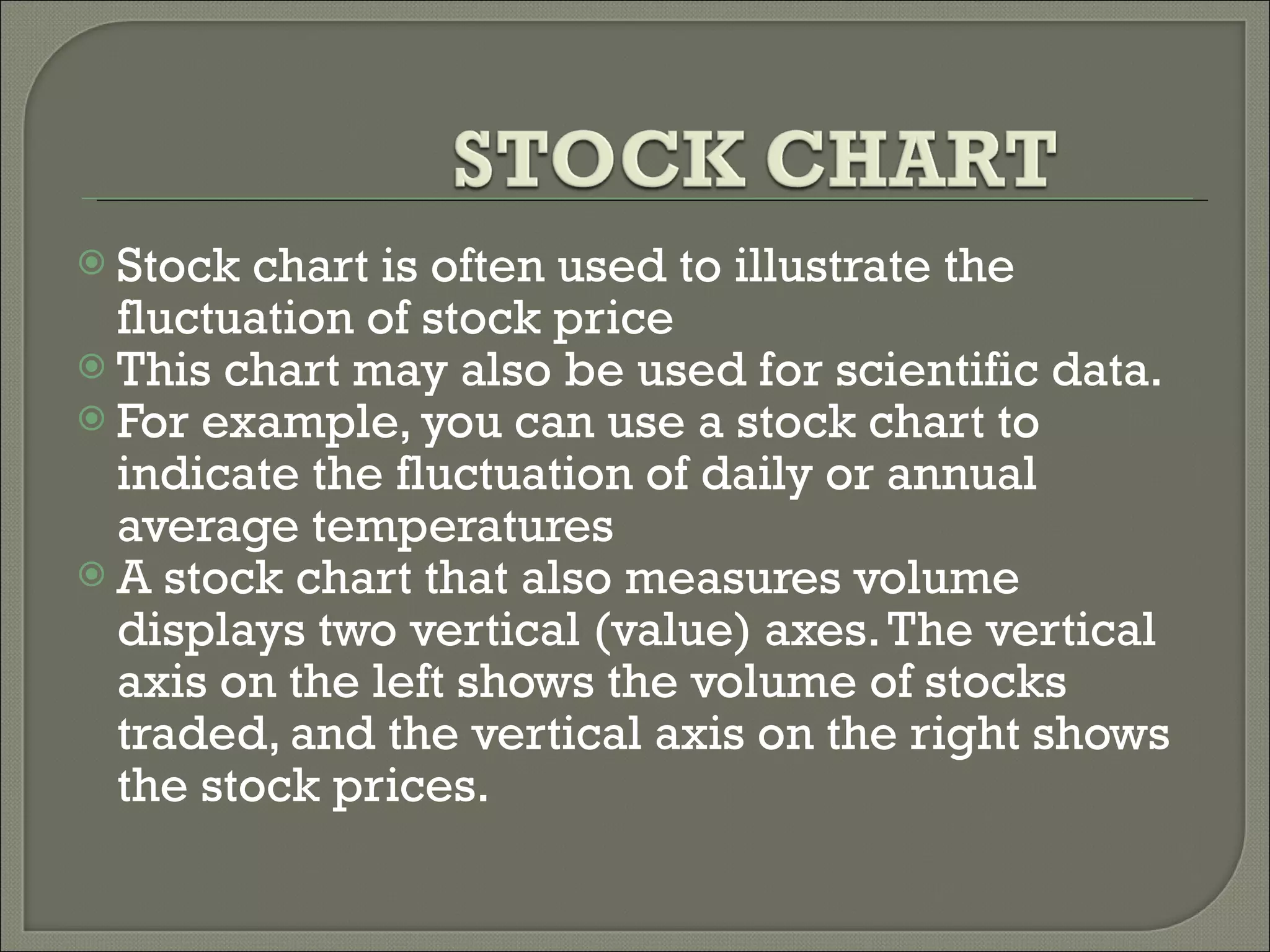 Stock chart is often used to illustrate the fluctuation of stock price  This chart may also be used for scientific data.  For example, you can use a stock chart to indicate the fluctuation of daily or annual average temperatures  A stock chart that also measures volume displays two vertical (value) axes. The vertical axis on the left shows the volume of stocks traded, and the vertical axis on the right shows the stock prices. 