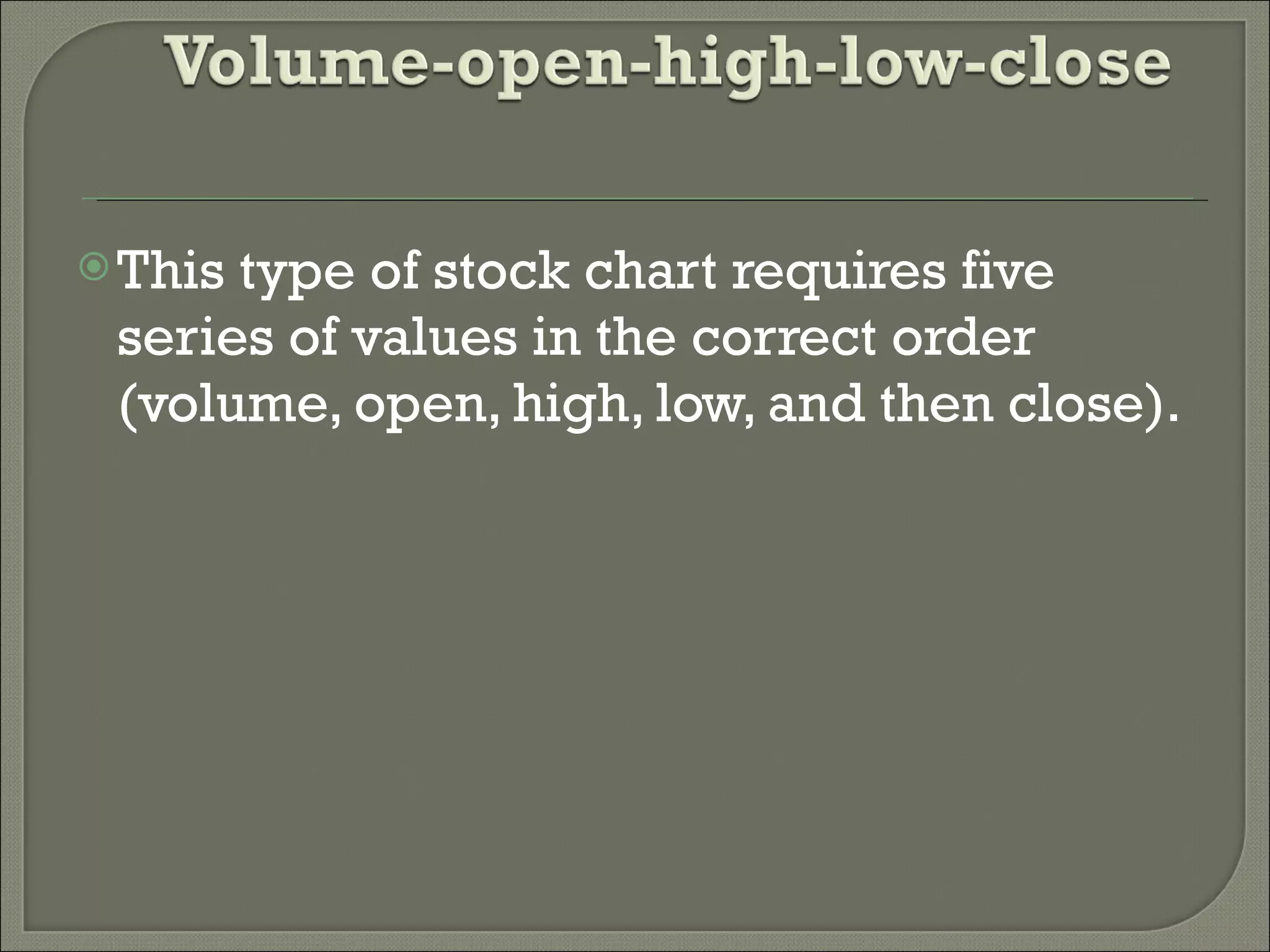 This type of stock chart requires five series of values in the correct order (volume, open, high, low, and then close). 