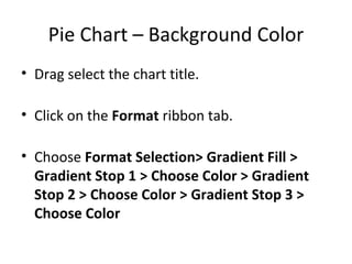 Pie Chart – Background Color Drag select the chart title. Click on the  Format  ribbon tab. Choose  Format Selection> Gradient Fill > Gradient Stop 1 > Choose Color > Gradient Stop 2 > Choose Color > Gradient Stop 3 > Choose Color 