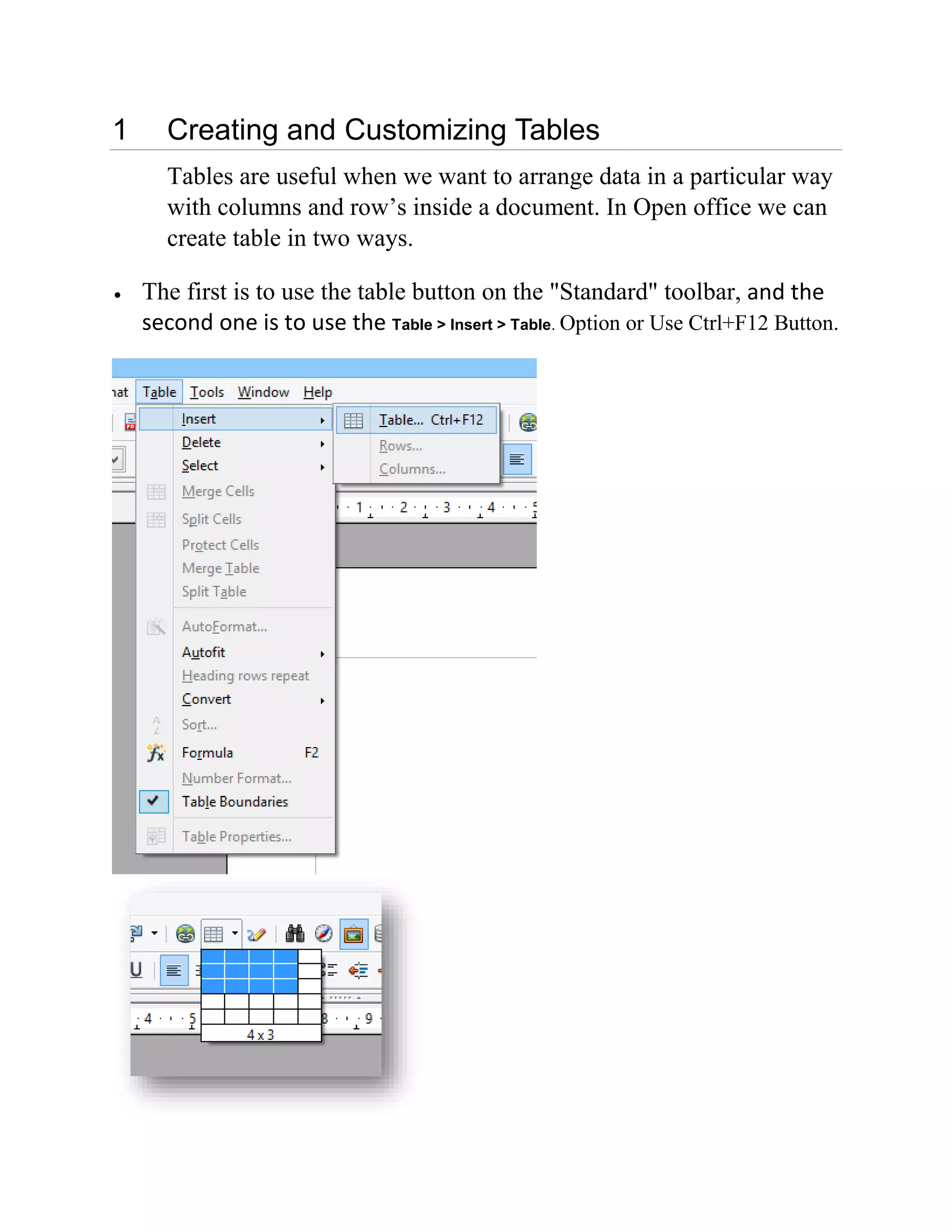 1 Creating and Customizing Tables
Tables are useful when we want to arrange data in a particular way
with columns and row’s inside a document. In Open office we can
create table in two ways.
 The first is to use the table button on the "Standard" toolbar, and the
second one is to use the Table > Insert > Table. Option or Use Ctrl+F12 Button.
 