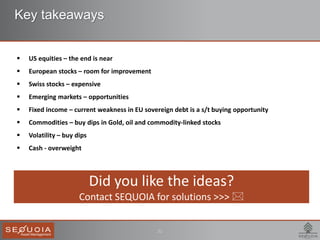 21
Key takeaways
 US equities – the end is near
 European stocks – room for improvement
 Swiss stocks – expensive
 Emerging markets – opportunities
 Fixed income – current weakness in EU sovereign debt is a s/t buying opportunity
 Commodities – buy dips in Gold, oil and commodity-linked stocks
 Volatility – buy dips
 Cash - overweight
Did you like the ideas?
Contact SEQUOIA for solutions >>> 
 