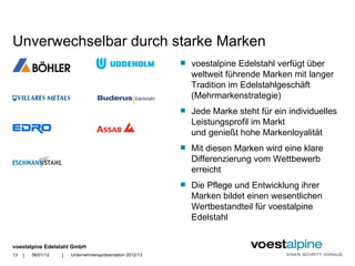 Unverwechselbar durch starke Marken
                                                              voestalpine Edelstahl verfügt über
                                                               weltweit führende Marken mit langer
                                                               Tradition im Edelstahlgeschäft
                                                               (Mehrmarkenstrategie)
                                                              Jede Marke steht für ein individuelles
                                                               Leistungsprofil im Markt
                                                               und genießt hohe Markenloyalität
                                                              Mit diesen Marken wird eine klare
                                                               Differenzierung vom Wettbewerb
                                                               erreicht
                                                              Die Pflege und Entwicklung ihrer
                                                               Marken bildet einen wesentlichen
                                                               Wertbestandteil für voestalpine
                                                               Edelstahl


voestalpine Edelstahl GmbH
13   |   06/01/12   |   Unternehmenspräsentation 2012/13
 