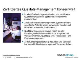 Zertifiziertes Qualitäts-Management konzernweit
                                       In allen Produktionsgesellschaften sind zertifizierte
                                        Qualitätsmanagement-Systeme nach ISO 9001
                                        implementiert
                                       Zusätzliche Qualitätsmanagement-Systeme sichern
                                        spezifische Anforderungen individueller Kunden und
                                        Branchen (Automobil, Luftfahrt etc.)
                                       Qualitätsmanagement-Manual regelt für alle
                                        Konzerngesellschaften verbindliche Vorgaben bei
                                        Verantwortlichkeit, Qualitätspolitik, Ressourcen- und
                                        Prozessmanagement
                                       Jede Konzerngesellschaft (Produktion und Vertrieb)
                                        hat einen für Qualitätsmanagement Verantwortlichen




voestalpine Edelstahl GmbH
17   |   06/01/12   |   Unternehmenspräsentation 2012/13
 