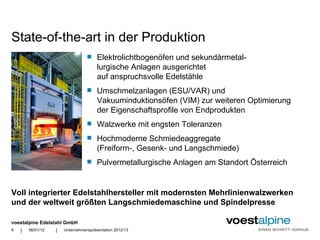 State-of-the-art in der Produktion
                                      Elektrolichtbogenöfen und sekundärmetal-
                                       lurgische Anlagen ausgerichtet
                                       auf anspruchsvolle Edelstähle
                                      Umschmelzanlagen (ESU/VAR) und
                                       Vakuuminduktionsöfen (VIM) zur weiteren Optimierung
                                       der Eigenschaftsprofile von Endprodukten
                                      Walzwerke mit engsten Toleranzen
                                      Hochmoderne Schmiedeaggregate
                                       (Freiform-, Gesenk- und Langschmiede)
                                      Pulvermetallurgische Anlagen am Standort Österreich


Voll integrierter Edelstahlhersteller mit modernsten Mehrlinienwalzwerken
und der weltweit größten Langschmiedemaschine und Spindelpresse

voestalpine Edelstahl GmbH
9   |   06/01/12   |   Unternehmenspräsentation 2012/13
 