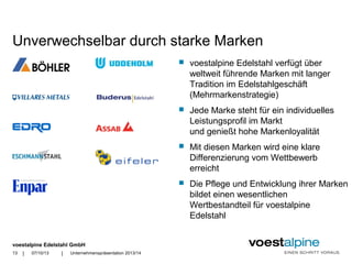 voestalpine Edelstahl GmbH
| |
Unverwechselbar durch starke Marken
 voestalpine Edelstahl verfügt über
weltweit führende Marken mit langer
Tradition im Edelstahlgeschäft
(Mehrmarkenstrategie)
 Jede Marke steht für ein individuelles
Leistungsprofil im Markt
und genießt hohe Markenloyalität
 Mit diesen Marken wird eine klare
Differenzierung vom Wettbewerb
erreicht
 Die Pflege und Entwicklung ihrer Marken
bildet einen wesentlichen
Wertbestandteil für voestalpine
Edelstahl
07/10/13 Unternehmenspräsentation 2013/1413
 