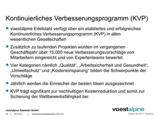 voestalpine Edelstahl GmbH
| |
Kontinuierliches Verbesserungsprogramm (KVP)
 voestalpine Edelstahl verfügt über ein etabliertes und erfolgreiches
Kontinuierliches Verbesserungsprogramm (KVP) in allen
wesentlichen Gesellschaften
 Zusätzlich zu laufenden Projekten wurden im vergangenen
Geschäftsjahr über 15.000 neue Verbesserungsvorschläge von
Mitarbeitern eingereicht und von Expertenteams bewertet
 Vier Kategorien nämlich „Qualität“, „Arbeitssicherheit und Gesundheit“,
„Umweltschutz“ und „Kosteneinsparung“ bilden die Schwerpunkte der
Vorschläge
 Jährlich werden die Einreicher der besten Ideen ausgezeichnet
 KVP trägt signifikant zur nachhaltigen Kostenreduktion und somit zur
Sicherung der Wettbewerbsfähigkeit bei
07/10/13 Unternehmenspräsentation 2013/1418
 