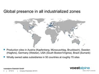 voestalpine Edelstahl GmbH
| |
Global presence in all industrialized zones
07/10/13 Company Presentation 2013/144
 Production sites in Austria (Kapfenberg, Mürzzuschlag, Bruckbach), Sweden
(Hagfors), Germany (Wetzlar), USA (South Boston/Virginia), Brazil (Sumaré)
 Wholly owned sales subsidiaries in 50 countries at roughly 70 sites
 