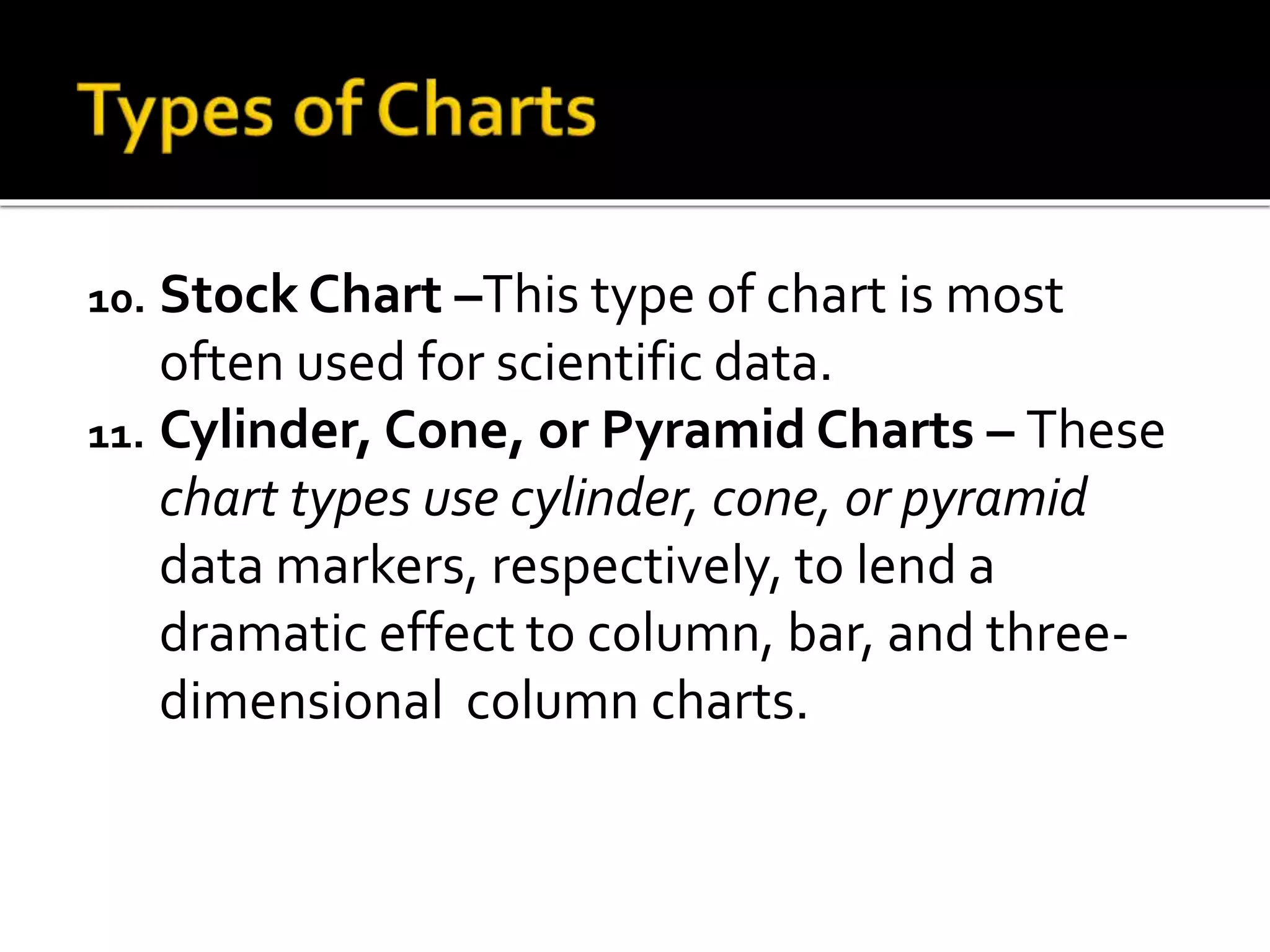 10. Stock Chart –This type of chart is most
often used for scientific data.
11. Cylinder, Cone, or Pyramid Charts – These
chart types use cylinder, cone, or pyramid
data markers, respectively, to lend a
dramatic effect to column, bar, and three-
dimensional column charts.
 