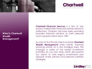What is Chartwell
Wealth
Management?

Chartwell Financial Services is a firm of ‘fee
based’ independent financial advisers based in
Altrincham, Cheshire. We have been providing
bespoke financial solutions to both personal
and corporate clients since 1992
As part of the Private Clients business Chartwell
Wealth Management offers holistic financial
planning advise on a fee charging basis. We
manage a series of risk based investment
portfolios on our own wrap which also permits
our clients to hold legacy investments and
deposits under pension and personal portfolio
strategies

 