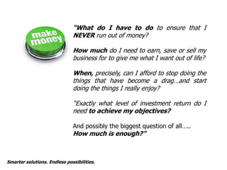 “What do I have to do to ensure that I
                              NEVER run out of money?

                              How much do I need to earn, save or sell my
                              business for to give me what I want out of life?

                              When, precisely, can I afford to stop doing the
                              things that have become a drag…and start
                              doing the things I really enjoy?

                              “Exactly what level of investment return do I
                              need to achieve my objectives?

                              And possibly the biggest question of all…..
                              How much is enough?"



Smarter solutions. Endless possibilities.
 
