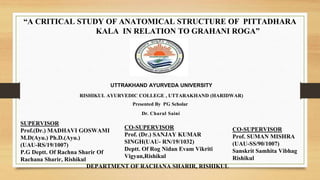 “A CRITICAL STUDY OF ANATOMICAL STRUCTURE OF PITTADHARA
KALA IN RELATION TO GRAHANI ROGA”
UTTRAKHAND AYURVEDA UNIVERSITY
RISHIKUL AYURVEDIC COLLEGE , UTTARAKHAND (HARIDWAR)
Presented By PG Scholar
Dr. Charul Saini
DEPARTMENT OF RACHANA SHARIR, RISHIKUL
CO-SUPERVISOR
Prof. (Dr.) SANJAY KUMAR
SINGH(UAU- RN/19/1032)
Deptt. Of Rog Nidan Evam Vikriti
Vigyan,Rishikul
CO-SUPERVISOR
Prof. SUMAN MISHRA
(UAU-SS/90/1007)
Sanskrit Samhita Vibhag
Rishikul
SUPERVISOR
Prof.(Dr.) MADHAVI GOSWAMI
M.D(Ayu.) Ph.D.(Ayu.)
(UAU-RS/19/1007)
P.G Deptt. Of Rachna Sharir Of
Rachana Sharir, Rishikul
 