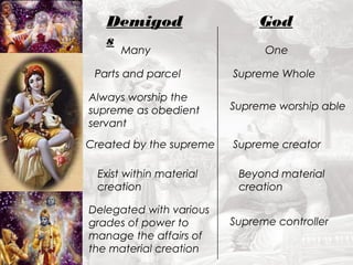 Demigod 
s 
Many One 
God 
Parts and parcel Supreme Whole 
Always worship the 
supreme as obedient 
servant 
Supreme worship able 
Created by the supreme Supreme creator 
Exist within material 
creation 
Beyond material 
creation 
Delegated with various 
grades of power to 
manage the affairs of 
the material creation 
Supreme controller 
 