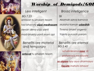 Worship of Demigods/GOD 
Less intelligent Broad intelligence 
BG 7.23 
antavat tu phalam tesam 
tad bhavaty alpa-medhasam 
devan deva-yajo yanti 
mad-bhakta yanti mam api 
SB 
Akamah sarva kamova 
Moksha kamah udardhih 
Tivrena bhakti yogena 
Yajeta purusah param 
Benefits are material 
and temporary 
Benefits are eternal 
antavat tu phalam tesam 
BG 2.40 
nehabhikrama-naso 'sti 
pratyavayo na vidyate 
sv-alpam apy asya dharmasya 
trayate mahato bhayat 
 