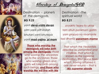 Destination - planets 
of the demigods. 
yanti deva-vrata devan 
pitrn yanti pitr-vratah 
bhutani yanti bhutejya 
yanti mad-yajino ‘pi mam 
Destination -The 
spiritual world 
BG 9.25 
Worship of Demigods/GOD 
BG 8.21 
avyakto 'ksara ity uktas 
tam ahuh paramam gatim 
yam prapya na nivartante 
tad dhama paramam mama 
That which the Vedantists 
describe as unmanifest and 
infallible, that which is 
known as the supreme 
destination, that place from 
which, having attained it, 
one never returns -- that is 
My supreme abode 
Those who worship the 
demigods will take birth 
among the demigods; those 
who worship the ancestors 
go to the ancestors; those 
who worship ghosts and 
spirits will take birth among 
such beings; and those who 
worship Me will live with Me 
 