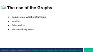 CHARUSAT ⦿ Gujarat ⦿ India ⦿ February 2019 Introduction to Property Graphs and Gremlin ⦿ Harsh Thakkar ⦿ University of Bonn
The rise of the Graphs
● Complex real world relationships
● Intuitive
● Schema-free
● Mathematically sound
 