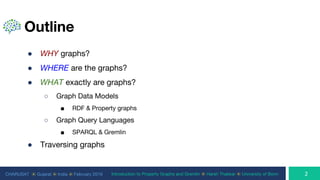 Introduction to Property Graphs and Gremlin ⦿ Harsh Thakkar ⦿ University of BonnCHARUSAT ⦿ Gujarat ⦿ India ⦿ February 2019
Outline
● WHY graphs?
● WHERE are the graphs?
● WHAT exactly are graphs?
○ Graph Data Models
■ RDF & Property graphs
○ Graph Query Languages
■ SPARQL & Gremlin
● Traversing graphs
 