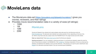 CHARUSAT ⦿ Gujarat ⦿ India ⦿ February 2019 Introduction to Property Graphs and Gremlin ⦿ Harsh Thakkar ⦿ University of Bonn
MovieLens data
● The MovieLens data set (https://grouplens.org/datasets/movielens/ ) gives you
movies, reviewers, and their ratings
● Provides movie recommendation data in a variety of sizes (of ratings):
○ 100K
○ 1M
○ 10M
○ 20M
 
