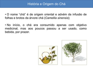 História e Origem do Chá
• O nome “chá” é de origem oriental e advém da infusão de
folhas e brotos da árvore chá (Camellia sinensis);
• No início, o chá era consumido apenas com objetivo
medicinal, mas aos poucos passou a ser usado, como
bebida, por prazer.
 