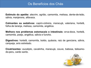 Os Benefícios dos Chás
Estímulo do apetite: alecrim, agrião, camomila, melissa, dente-de-leão,
sálvia, manjerona, alfavaca.
Calmantes ou sedativos: capim-cidreira, maracujá, valeriana, hortelã,
folha de laranja, melissa, camomila, angélica.
Melhora nos problemas estomacais e intestinais: erva-doce, hortelã,
camomila, poejo, angélica, sálvia e funcho.
Digestivos: hortelã, camomila, boldo, quássia, raiz de genciana, sálvia,
carqueja, anis estrelado.
Cicatrizantes: eucalipto, cavalinha, maracujá, couve, babosa, bálsamo-
do-peru, cardo santo.
 