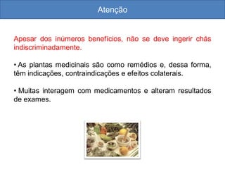 Apesar dos inúmeros benefícios, não se deve ingerir chás
indiscriminadamente.
• As plantas medicinais são como remédios e, dessa forma,
têm indicações, contraindicações e efeitos colaterais.
• Muitas interagem com medicamentos e alteram resultados
de exames.
Atenção
 