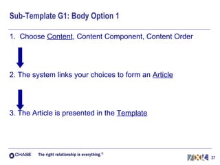 Sub-Template G1: Body Option 1 1.  Choose  Content , Content Component, Content Order 2. The system links your choices to form an  Article 3. The Article is presented in the  Template 