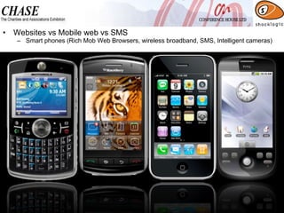 Websites vs Mobile web vs SMS Smart phones (Rich Mob Web Browsers, wireless broadband, SMS, Intelligent cameras) 
