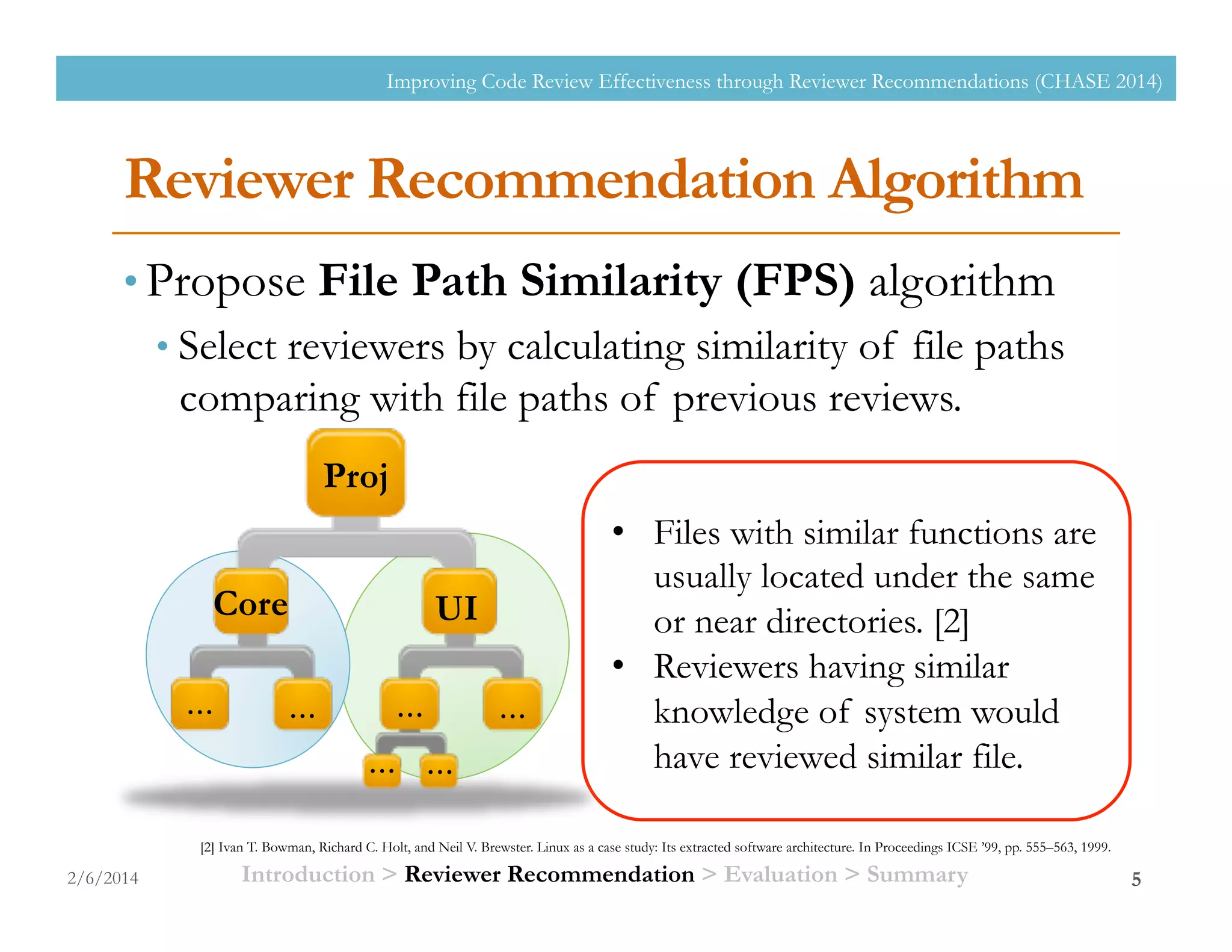 Reviewer Recommendation Algorithm
• Propose File Path Similarity (FPS) algorithm
• Select reviewers by calculating similarity of file paths
comparing with file paths of previous reviews.
2/6/2014
Improving Code Review Effectiveness through Reviewer Recommendations (CHASE 2014)
5Introduction > Reviewer Recommendation > Evaluation > Summary
•  Files with similar functions are
usually located under the same
or near directories. [2]
•  Reviewers having similar
knowledge of system would
have reviewed similar file.
UICore
Proj
… … … …
……
[2] Ivan T. Bowman, Richard C. Holt, and Neil V. Brewster. Linux as a case study: Its extracted software architecture. In Proceedings ICSE ’99, pp. 555–563, 1999.
 
