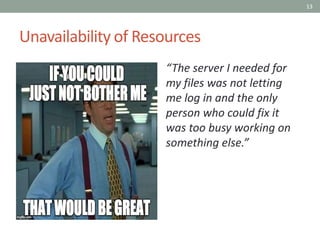 13
Unavailability of Resources
“The server I needed for
my files was not letting
me log in and the only
person who could fix it
was too busy working on
something else.”
 