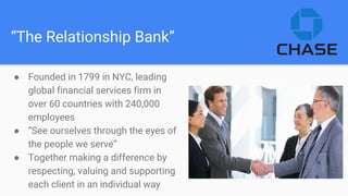 “The Relationship Bank”
● Founded in 1799 in NYC, leading
global financial services firm in
over 60 countries with 240,000
employees
● “See ourselves through the eyes of
the people we serve”
● Together making a difference by
respecting, valuing and supporting
each client in an individual way
