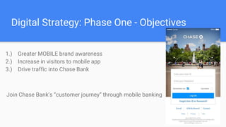 Digital Strategy: Phase One - Objectives
1.) Greater MOBILE brand awareness
2.) Increase in visitors to mobile app
3.) Drive traffic into Chase Bank
Join Chase Bank’s “customer journey” through mobile banking