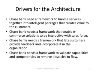 Drivers for the Architecture
• Chase bank need a framework to bundle services
  together into intelligent packages that creates value to
  the customers.
• Chase bank needs a framework that enable e-
  commerce solutions to be interactive with sales force.
• Chase banks needs a framework that lets customers
  provide feedback and incorporate it in the
  organization.
• Chase bank needs a framework to validate capabilities
  and competencies to remove obstacles to flow.


                     Ahlqvist, Gu | Final ECT556 | 2011      5
 