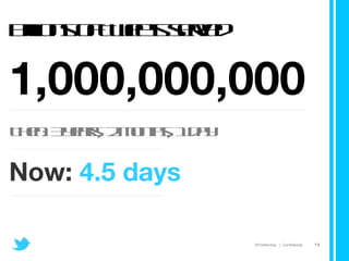 Billions of Tweets served 1,000,000,000 Then: 3 years, 2 months, 1 day Now:  4.5 days 