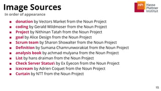Image Sources
15
In order of appearance
■ donation by Vectors Market from the Noun Project
■ coding by Gerald Wildmoser from the Noun Project
■ Project by Nithinan Tatah from the Noun Project
■ goal by Alice Design from the Noun Project
■ Scrum team by Sharon Showalter from the Noun Project
■ Deﬁnition by Sumana Chamrunworakiat from the Noun Project
■ analysis book by achmad mulyana from the Noun Project
■ List by hans draiman from the Noun Project
■ Check Server Status by Ex Eyecon from the Noun Project
■ icecream by Adrien Coquet from the Noun Project
■ Curtain by NTT from the Noun Project
 