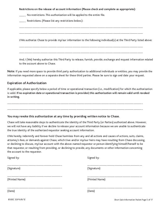 chase short sale pack chase 3rd party authorization form