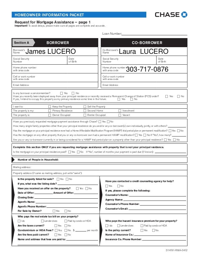 chase short sale pack request for mortgage assistance form