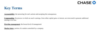 Key Terms
Accountability: the answering for one's actions and accepting the consequences
Compounding: the process in which an asset's earnings, from either capital gains or interest, are reinvested to generate additional
earnings over time
First-line management: the lowest level of management
Market share: portion of a market controlled by a company
 