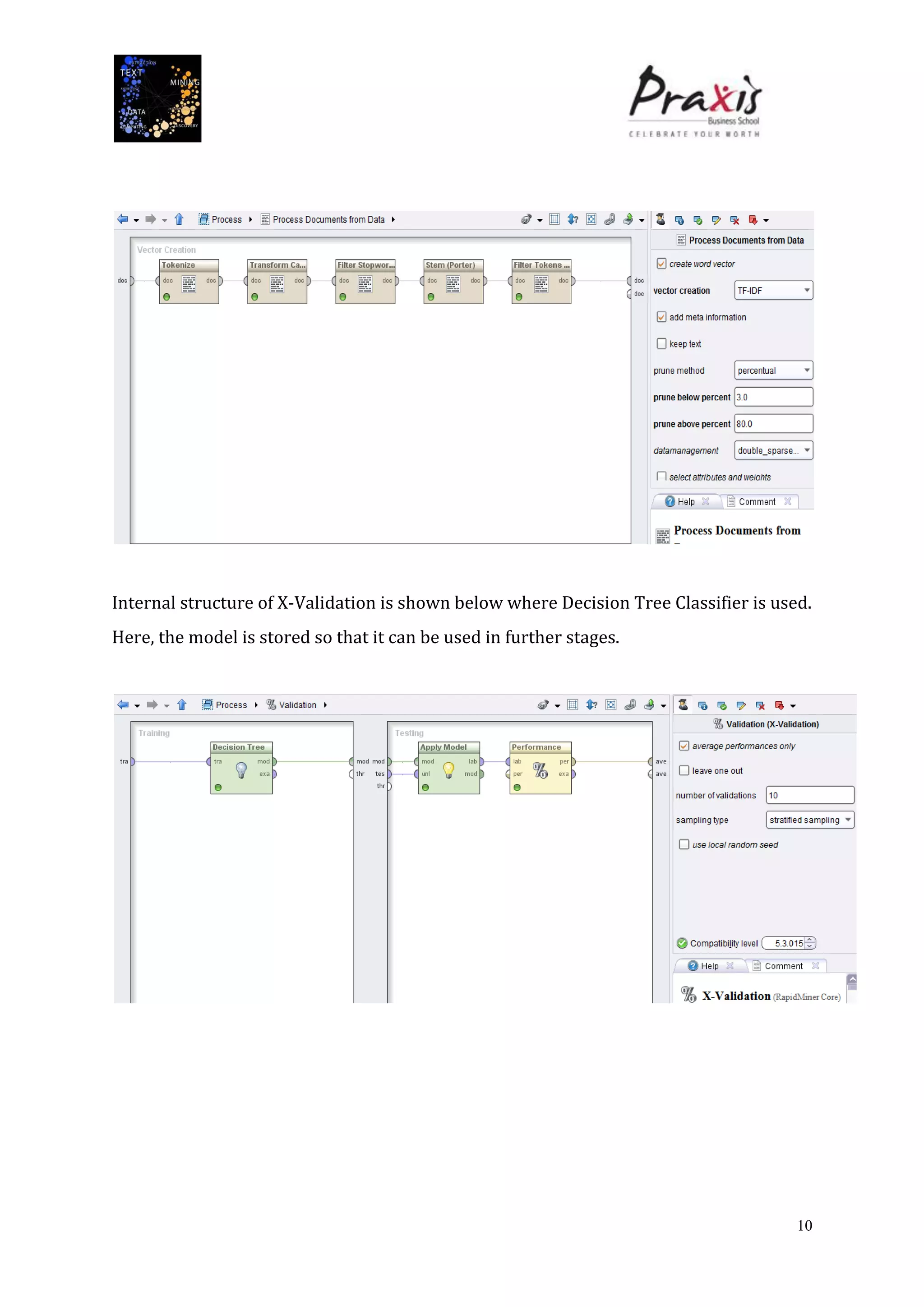 10
Internal structure of X-Validation is shown below where Decision Tree Classifier is used.
Here, the model is stored so that it can be used in further stages.
 