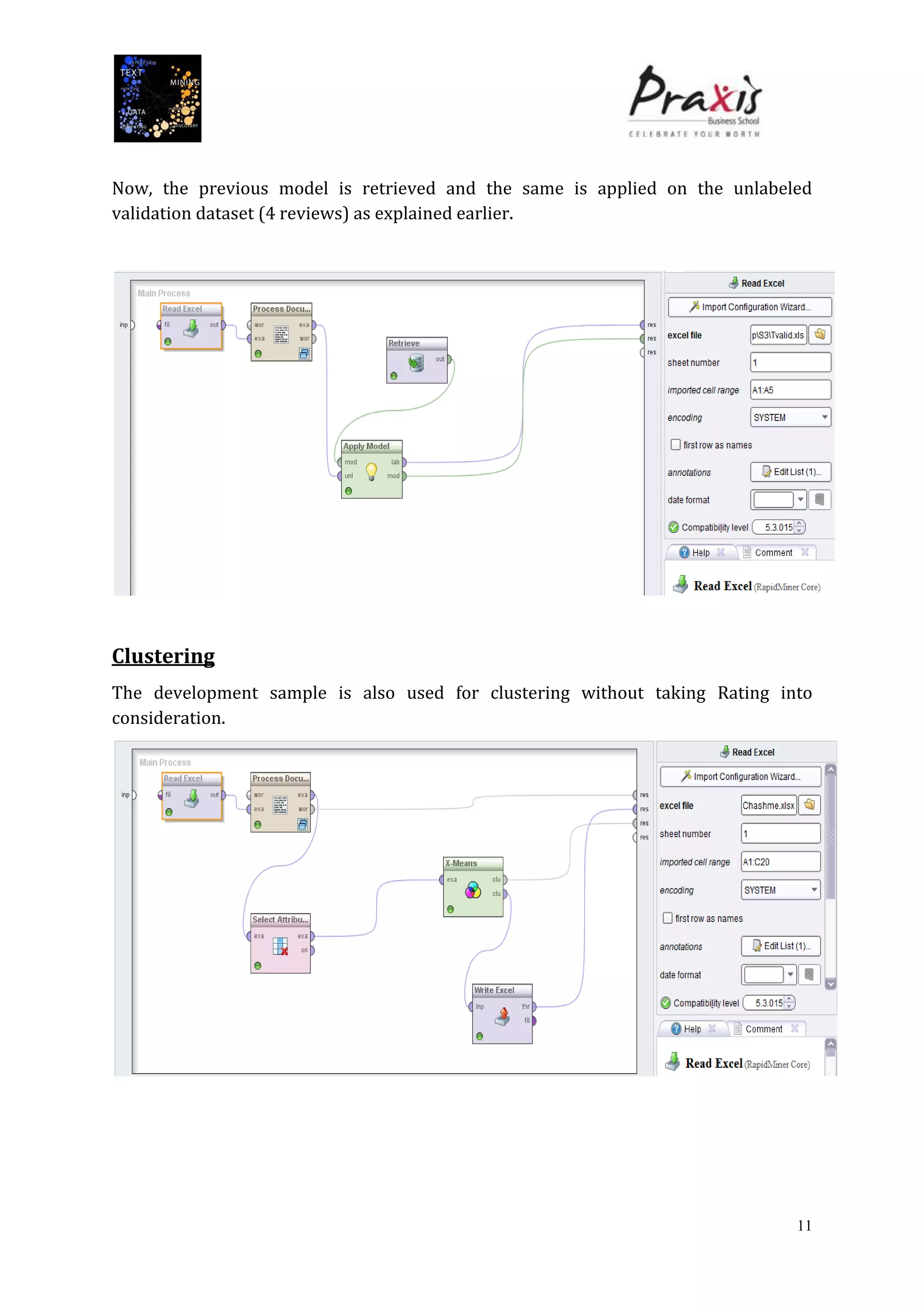 11
Now, the previous model is retrieved and the same is applied on the unlabeled
validation dataset (4 reviews) as explained earlier.
Clustering
The development sample is also used for clustering without taking Rating into
consideration.
 