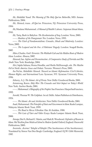 372   | Chasing a Mirage


      Ali, Abdullah Yusuf. The Meaning of The Holy Qur’an. Beltsville, MD: Amana
Publications, 2004.
      Ali, Ahmed, trans. Al-Qur’an. Princeton, NJ: Princeton University Press,
1984.
      Ali, Maulana Muhammad. A Manual of Hadith. Lahore: Anjuman Ishaat Islam,
1941.
      Ali, Tariq. Bush in Babylon: The Recolonisation of Iraq. London: Verso, 2003.
           . Shadows of the Pomegranate Tree. London: Verso, 1993.
           . The Clash of Fundamentalisms: Crusades, Jihads and Modernity. London:
Verso, 2002.
           . The Leopard and the Fox: A Pakistani Tragedy. London: Seagull Books,
2007.
      Allen, Charles. God’s Terrorists: The Wahhabi Cult and the Hidden Roots of Modern
Islam. London: Abacus, 2007.
      Almond, Ian. Suﬁsm and Deconstruction: A Comparative Study of Derrida and Ibn
A
‘ rabi. New York: Routledge, 2004.
      Alvi, Sajida Sultana, Homa Hoodfar, and Sheila McDonough, eds. The Muslim
Veil in North America: Issues and Debate. Toronto: Women’s Press, 2003.
      An-Na’im, Abdullahi Ahmed. Toward an Islamic Reformation: Civil Liberties,
Human Rights, and International Law. Syracuse, NY: Syracuse University Press,
1996.
      Arberry, A. J. The Islamic Art of Persia. New Delhi: Goodword Books, 2001.
      Armstrong, Karen. Holy War: The Crusades and their Impact on Today’s World.
New York: Anchor Books, 2001.
           . Muhammad: A Biography of the Prophet. San Francisco: HarperSanFrancisco,
1992.
      Arnold, Thomas W. The Caliphate. 1st ed. Delhi: Adam Publishers & Distributors,
1924.
           . The Islamic Art and Architecture. New Delhi: Goodword Books, 2001.
      Asad, Muhammad. The Principles of State and Government in Islam. Kuala Lumpur,
Malaysia: Islamic Book Trust, 1999.
           . The Road to Mecca. Gibraltar: Dar Al-Andalus, 1980.
           . This Law of Ours and Other Essays. Kuala Lumpur: Islamic Book Trust,
2000.
      Atmaja, Dwi S., Richard C. Martin, and Mark R. Woodward. Defenders of Reason in
Islam: Mu’Tazilism from Medieval School to Modern Symbol. Oxford, England: Oneworld
Publications, 2003.
      Averroës. Averroes’ Tahafut al-Tahafut (The Incoherence of the Incoherence).
Translated by Simon Van Den Bergh. Cambridge, England: E.J.W. Gibb Memorial,
1987.
 