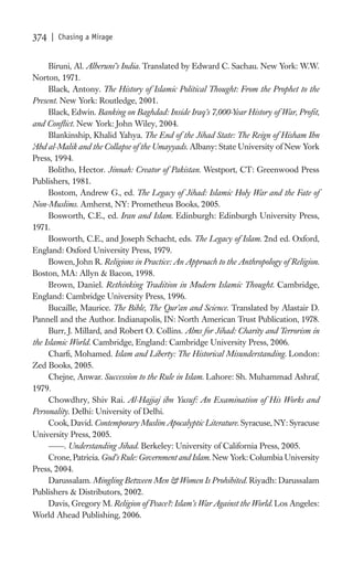 374   | Chasing a Mirage


      Biruni, Al. Alberuni’s India. Translated by Edward C. Sachau. New York: W.W.
Norton, 1971.
      Black, Antony. The History of Islamic Political Thought: From the Prophet to the
Present. New York: Routledge, 2001.
      Black, Edwin. Banking on Baghdad: Inside Iraq’s 7,000-Year History of War, Proﬁt,
and Conﬂict. New York: John Wiley, 2004.
      Blankinship, Khalid Yahya. The End of the Jihad State: The Reign of Hisham Ibn
A
‘ bd al-Malik and the Collapse of the Umayyads. Albany: State University of New York
Press, 1994.
      Bolitho, Hector. Jinnah: Creator of Pakistan. Westport, CT: Greenwood Press
Publishers, 1981.
      Bostom, Andrew G., ed. The Legacy of Jihad: Islamic Holy War and the Fate of
Non-Muslims. Amherst, NY: Prometheus Books, 2005.
      Bosworth, C.E., ed. Iran and Islam. Edinburgh: Edinburgh University Press,
1971.
      Bosworth, C.E., and Joseph Schacht, eds. The Legacy of Islam. 2nd ed. Oxford,
England: Oxford University Press, 1979.
      Bowen, John R. Religions in Practice: An Approach to the Anthropology of Religion.
Boston, MA: Allyn & Bacon, 1998.
      Brown, Daniel. Rethinking Tradition in Modern Islamic Thought. Cambridge,
England: Cambridge University Press, 1996.
      Bucaille, Maurice. The Bible, The Qur’an and Science. Translated by Alastair D.
Pannell and the Author. Indianapolis, IN: North American Trust Publication, 1978.
      Burr, J. Millard, and Robert O. Collins. Alms for Jihad: Charity and Terrorism in
the Islamic World. Cambridge, England: Cambridge University Press, 2006.
      Charﬁ, Mohamed. Islam and Liberty: The Historical Misunderstanding. London:
Zed Books, 2005.
      Chejne, Anwar. Succession to the Rule in Islam. Lahore: Sh. Muhammad Ashraf,
1979.
      Chowdhry, Shiv Rai. Al-Hajjaj ibn Yusuf: An Examination of His Works and
Personality. Delhi: University of Delhi.
      Cook, David. Contemporary Muslim Apocalyptic Literature. Syracuse, NY: Syracuse
University Press, 2005.
           . Understanding Jihad. Berkeley: University of California Press, 2005.
      Crone, Patricia. God’s Rule: Government and Islam. New York: Columbia University
Press, 2004.
      Darussalam. Mingling Between Men & Women Is Prohibited. Riyadh: Darussalam
Publishers & Distributors, 2002.
      Davis, Gregory M. Religion of Peace?: Islam’s War Against the World. Los Angeles:
World Ahead Publishing, 2006.
 