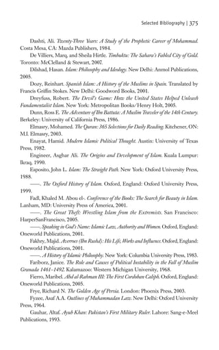Selected Bibliography |   375

     Dashti, Ali. Twenty-Three Years: A Study of the Prophetic Career of Mohammad.
Costa Mesa, CA: Mazda Publishers, 1984.
     De Villiers, Marq, and Sheila Hirtle. Timbuktu: The Sahara’s Fabled City of Gold.
Toronto: McClelland & Stewart, 2007.
     Dilshad, Hasan. Islam: Philosophy and Ideology. New Delhi: Anmol Publications,
2005.
     Dozy, Reinhart. Spanish Islam: A History of the Muslims in Spain. Translated by
Francis Grifﬁn Stokes. New Delhi: Goodword Books, 2001.
     Dreyfuss, Robert. The Devil’s Game: How the United States Helped Unleash
Fundamentalist Islam. New York: Metropolitan Books/Henry Holt, 2005.
     Dunn, Ross E. The Adventure of Ibn Battuta: A Muslim Traveler of the 14th Century.
Berkeley: University of California Press, 1986.
     Elmasry, Mohamed. The Quran: 365 Selections for Daily Reading. Kitchener, ON:
M.I. Elmasry, 2003.
     Enayat, Hamid. Modern Islamic Political Thought. Austin: University of Texas
Press, 1982.
     Engineer, Asghar Ali. The Origins and Development of Islam. Kuala Lumpur:
Ikraq, 1990.
     Esposito, John L. Islam: The Straight Path. New York: Oxford University Press,
1988.
          . The Oxford History of Islam. Oxford, England: Oxford University Press,
1999.
     Fadl, Khaled M. Abou el-. Conference of the Books: The Search for Beauty in Islam.
Lanham, MD: University Press of America, 2001.
          . The Great Theft: Wrestling Islam from the Extremists. San Francisco:
HarperSanFrancisco, 2005.
          . Speaking in God’s Name: Islamic Law, Authority and Women. Oxford, England:
Oneworld Publications, 2001.
     Fakhry, Majid. Averroes (Ibn Rushd): His Life, Works and Inﬂuence. Oxford, England:
Oneworld Publications, 2001.
          . A History of Islamic Philosophy. New York: Columbia University Press, 1983.
     Fariborz, Janice. The Role and Causes of Political Instability in the Fall of Muslim
Granada 1461–1492. Kalamazoo: Western Michigan University, 1968.
     Fierro, Maribel. Abd al-Rahman III: The First Cordoban Caliph. Oxford, England:
Oneworld Publications, 2005.
     Frye, Richard N. The Golden Age of Persia. London: Phoenix Press, 2003.
     Fyzee, Asaf A.A. Outlines of Muhammadan Law. New Delhi: Oxford University
Press, 1964.
     Gauhar, Altaf. Ayub Khan: Pakistan’s First Military Ruler. Lahore: Sang-e-Meel
Publications, 1993.
 